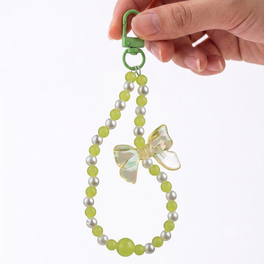 Rainbow Transparent Bow Beaded Phone Charm Strap with Pearl Wrist Lanyard