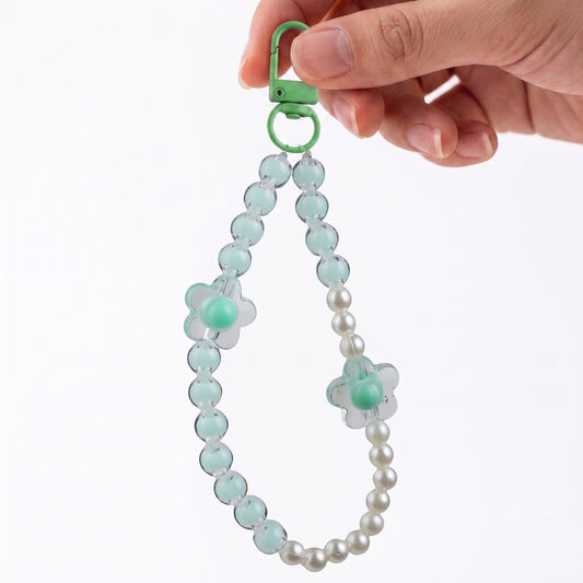 Dual Flowers & Pearl Beaded Phone Charm Strap with Wrist Lanyard