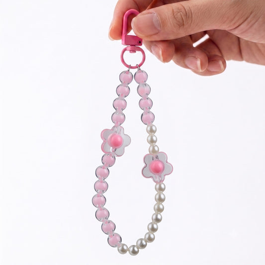 Dual Flowers & Pearl Beaded Phone Charm Strap with Wrist Lanyard