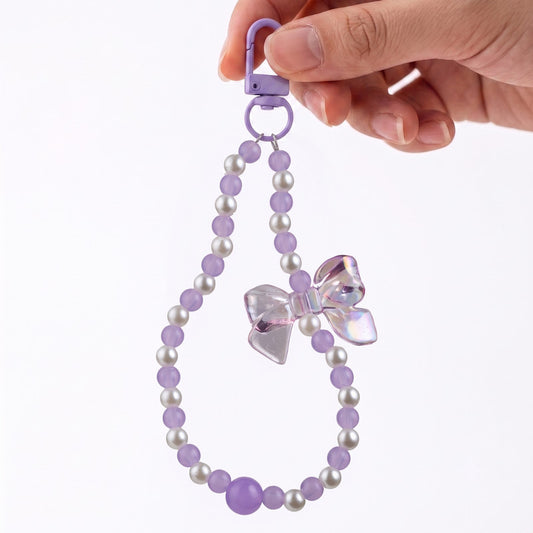 Rainbow Transparent Bow Beaded Phone Charm Strap with Pearl Wrist Lanyard