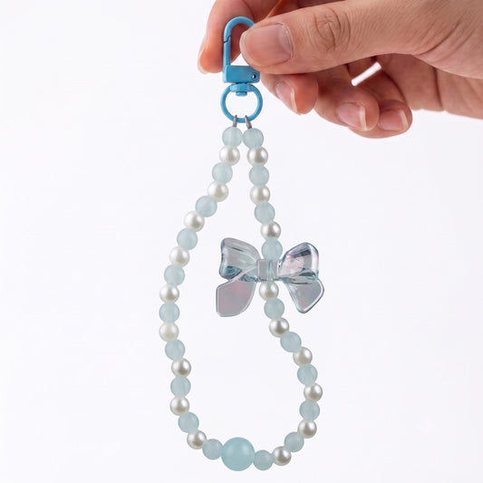 Rainbow Transparent Bow Beaded Phone Charm Strap with Pearl Wrist Lanyard