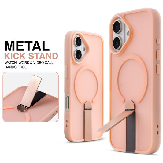 Magnetic Frosted Back Case for Apple iPhone 16 with Metal Kickstand & Silicone Frame