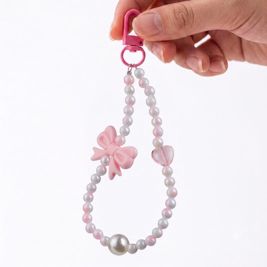 White Pearl & Bow Beaded Phone Charm Wrist Strap