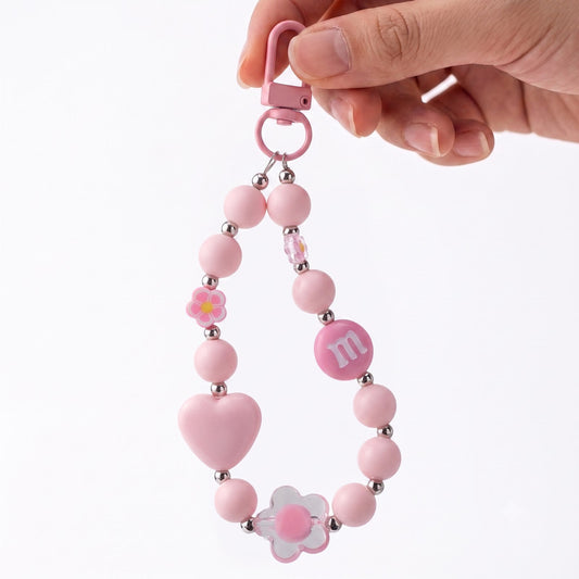 M&M Beaded Phone Charm Strap with Heart & Flower Pendant Wrist Lanyard