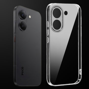 Transparent anti-yellow hard back case fitted on Poco X8 Pro 5G showing full back coverage and camera protection
