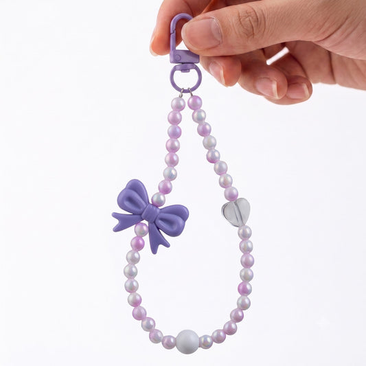 White Pearl & Bow Beaded Phone Charm Wrist Strap