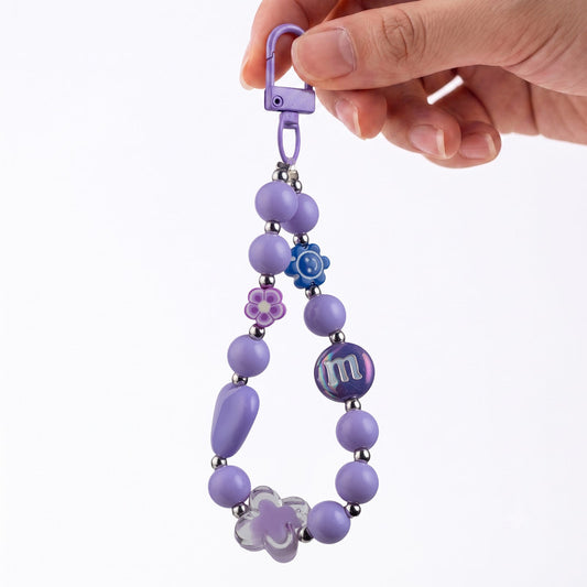 M&M Beaded Phone Charm Strap with Heart & Flower Pendant Wrist Lanyard