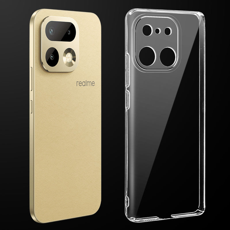 Transparent anti-yellow hard back case fitted on Realme 16 Pro 5G showing full back coverage and camera protection