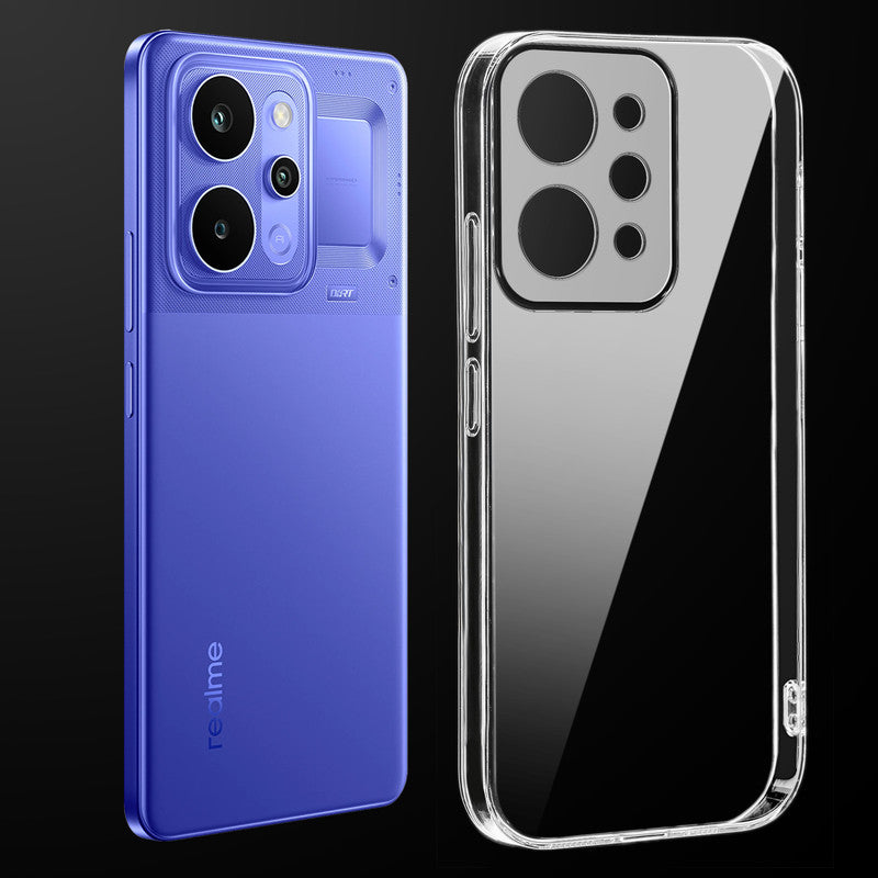 Transparent anti-yellow hard back case fitted on Realme P4 Power 5G showing full back coverage and camera protection