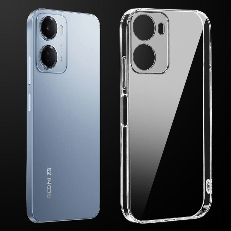 Transparent anti-yellow hard back case fitted on Redmi 15A 5G 5G showing full back coverage and camera protection