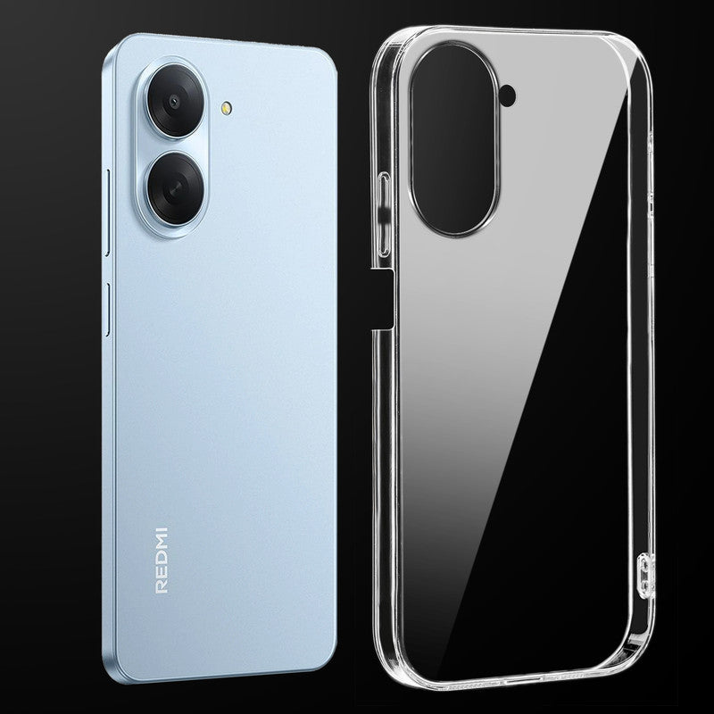 Transparent anti-yellow hard back case fitted on Redmi A7 4G showing full back coverage and camera protection