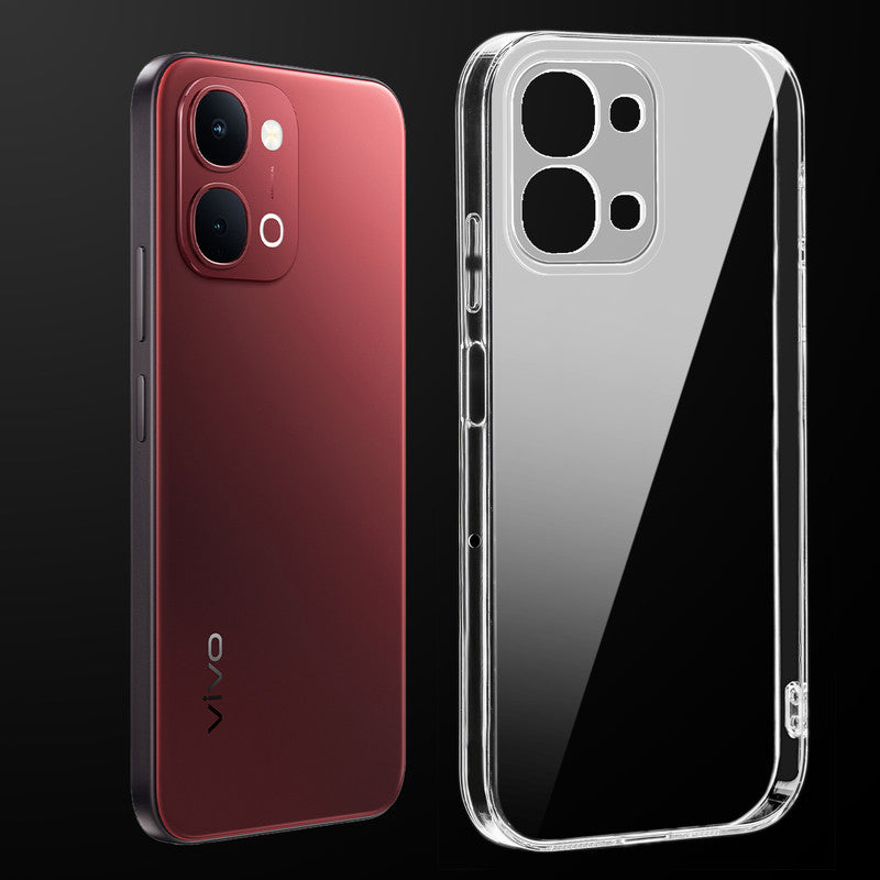 Transparent anti-yellow hard back case fitted on Vivo T5x 5G showing full back coverage and camera protection