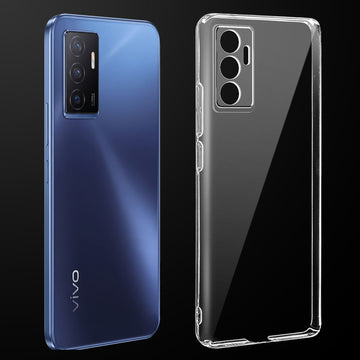 Transparent anti-yellow hard back case fitted on Vivo V23e 5G showing full back coverage and camera protection