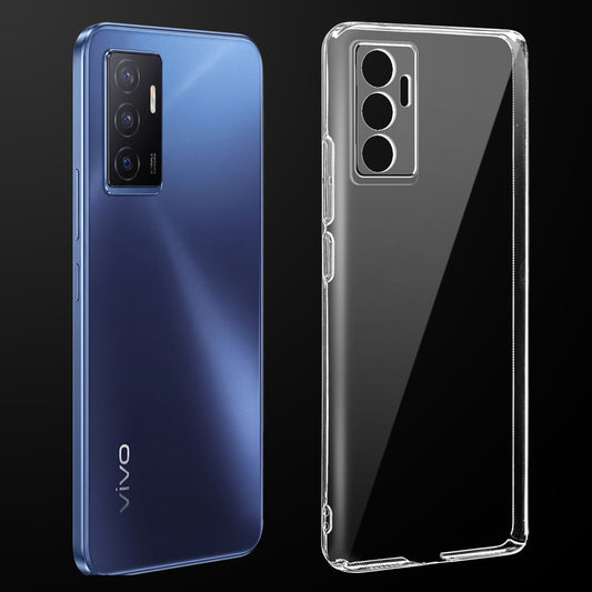 Transparent anti-yellow hard back case fitted on Vivo V23e 5G showing full back coverage and camera protection