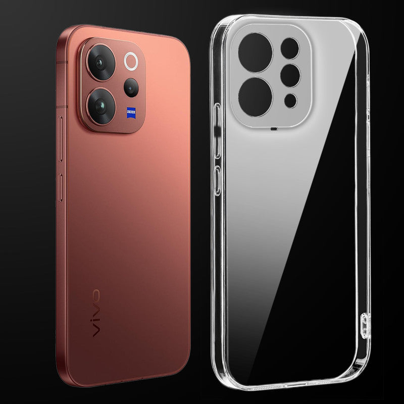 Transparent anti-yellow hard back case fitted on Vivo T5x 5G showing full back coverage and camera protection