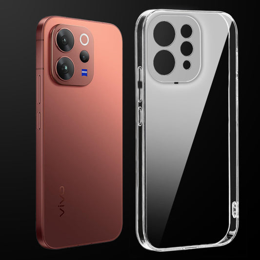 Transparent anti-yellow hard back case fitted on Vivo T5x 5G showing full back coverage and camera protection