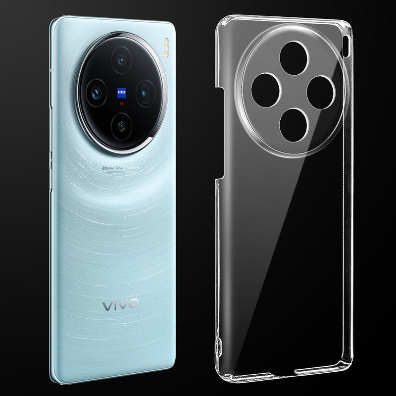 Transparent anti-yellow hard back case fitted on Vivo X100 5G showing full back coverage and camera protection