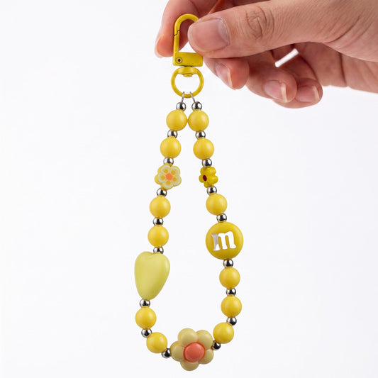 M&M Beaded Phone Charm Strap with Heart & Flower Pendant Wrist Lanyard