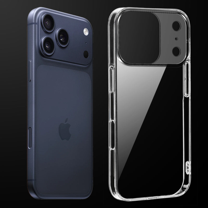Transparent anti-yellow hard back case fitted on Apple iphone 17 Pro Max showing full back coverage and camera protection