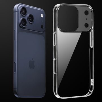 Transparent anti-yellow hard back case fitted on Apple iphone 17 Pro Max showing full back coverage and camera protection