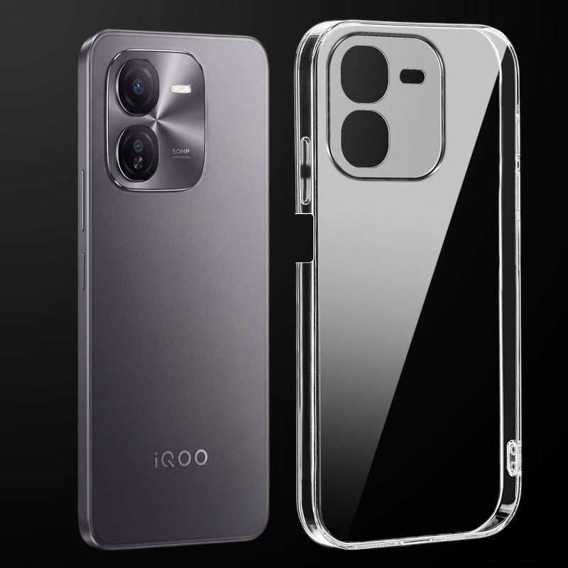 Transparent anti-yellow hard back case fitted on iQOO Z9x 5G showing full back coverage and camera protection