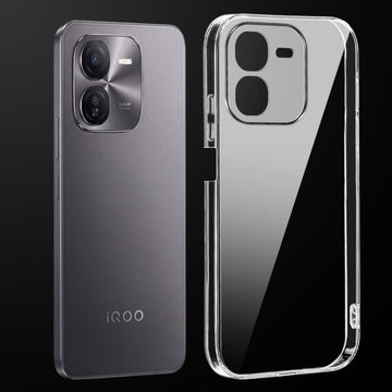 Transparent anti-yellow hard back case fitted on iQOO Z9x 5G showing full back coverage and camera protection