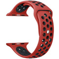 Silicone Apple Watch strap in Black and Grey, size 38mm, showing secure Strap closure and breathable dotted inner lining