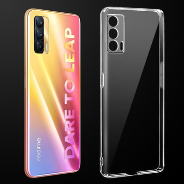 Transparent anti-yellow hard back case fitted on Realme X7 showing full back coverage and camera protection