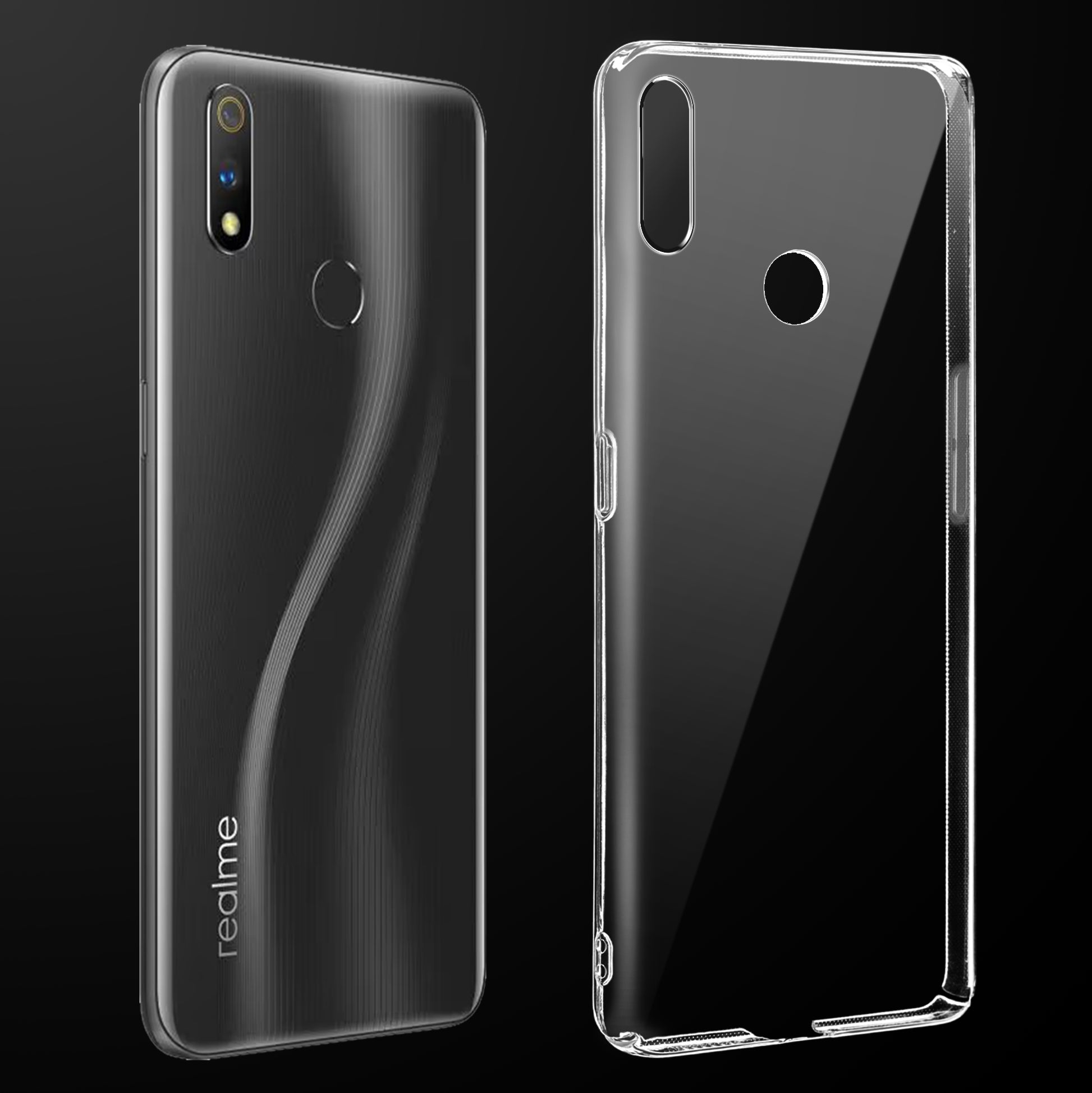 Transparent anti-yellow hard back case fitted on Realme 3 Pro showing full back coverage and camera protection