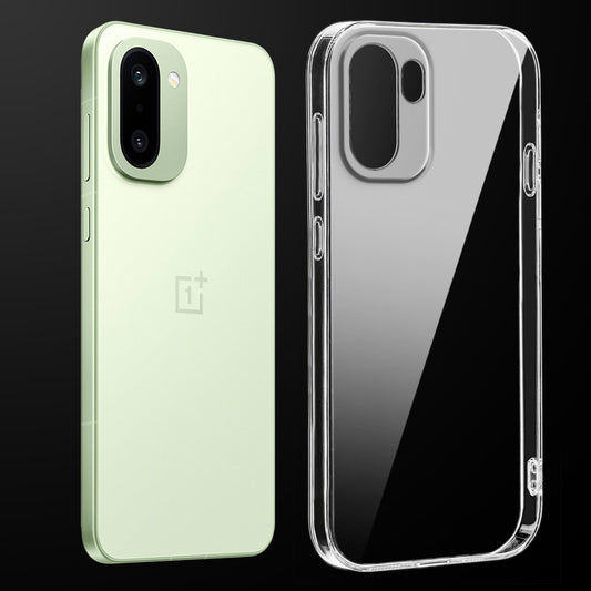 Transparent anti-yellow hard back case fitted on OnePlus 15R 5G showing full back coverage and camera protection