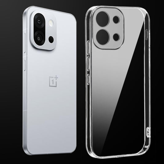 Transparent anti-yellow hard back case fitted on OnePlus 13S 5G showing full back coverage and camera protection