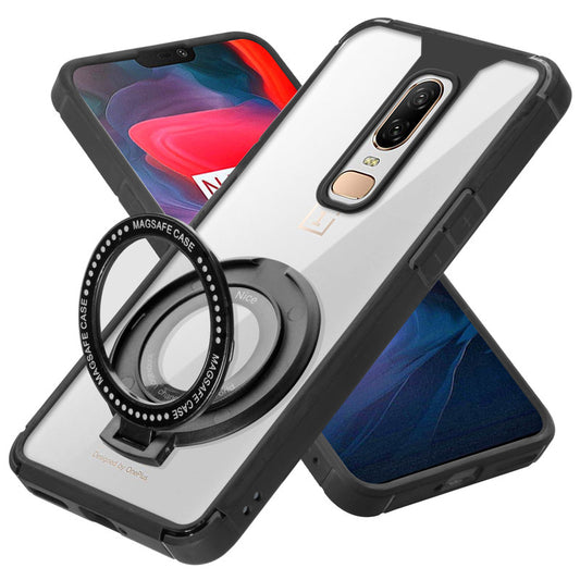 Silicone Frame Transparent Hard Back With Holder Kickstand Case For OnePlus 6