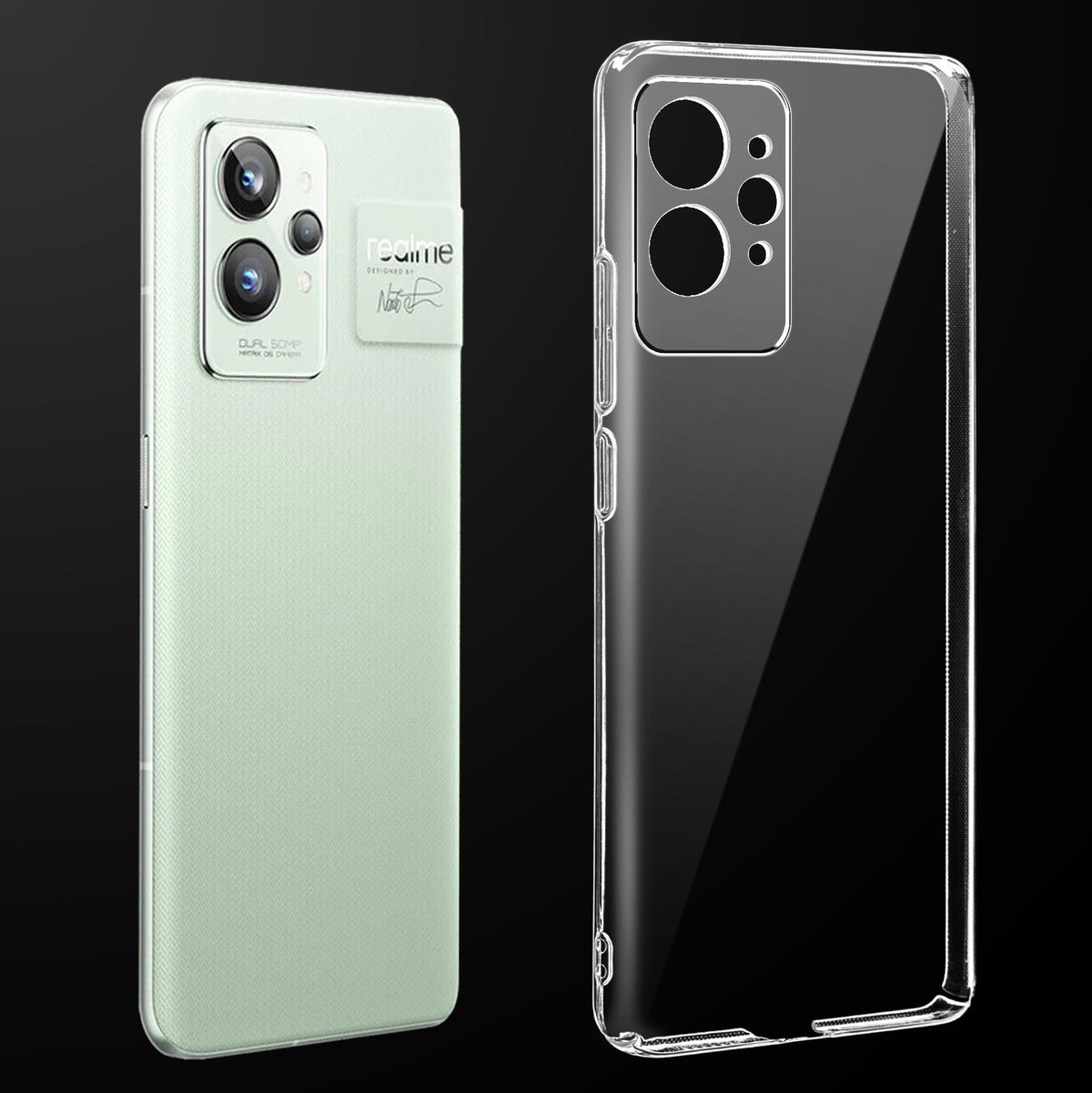 Transparent anti-yellow hard back case fitted on Realme GT 2 Pro showing full back coverage and camera protection