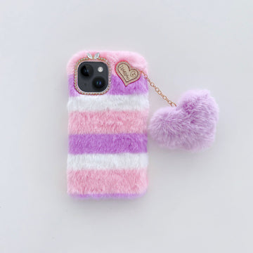 Fluffy Colorful Case with Heart Keychain Back Cover for Apple iPhone 14