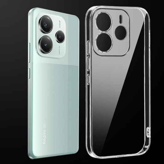 Transparent anti-yellow hard back case fitted on Redmi Note 14 5G showing full back coverage and camera protection
