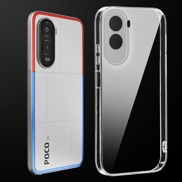 Transparent anti-yellow hard back case fitted on Poco M7 Plus 5G showing full back coverage and camera protection