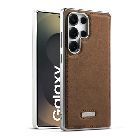 Sophisticated Leather Cover for Samsung S25 Ultra 5G with Shiny Silver Edges, Stitched Back Design & Hard Shell Protection