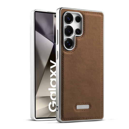 Sophisticated Leather Cover for Samsung S24 Ultra 5G with Shiny Silver Edges, Stitched Back Design & Hard Shell Protection