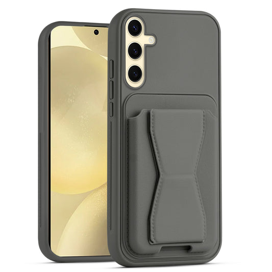 All in One Premium Leather Back Cover for Samsung S25 5G with Card Slot & Foldable Grip Holder