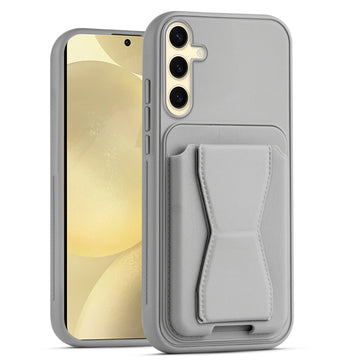 All in One Premium Leather Back Cover for Samsung S25 5G with Card Slot & Foldable Grip Holder