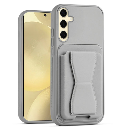 All in One Premium Leather Back Cover for Samsung S25 5G with Card Slot & Foldable Grip Holder