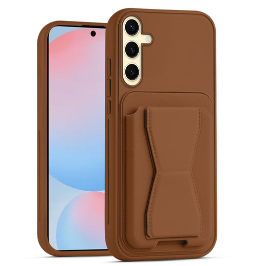 All in One Premium Leather Back Cover for Samsung S24 FE 5G with Card Slot & Foldable Grip Holder