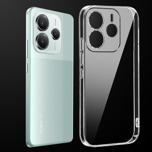 Transparent anti-yellow hard back case fitted on Redmi Note 14 SE 5G showing full back coverage and camera protection