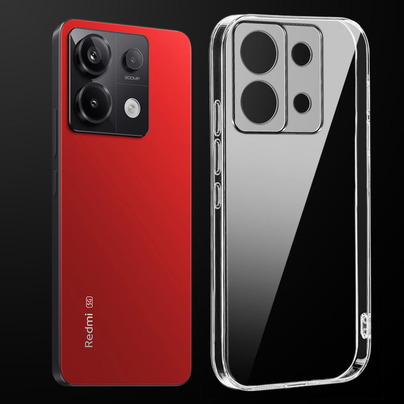 Transparent anti-yellow hard back case fitted on Redmi Note 13 Pro 5G showing full back coverage and camera protection