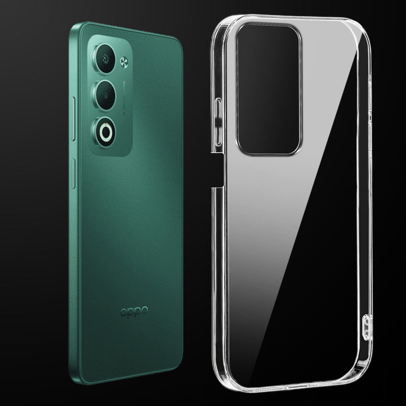 Transparent anti-yellow hard back case fitted on Oppo A5 5G showing full back coverage and camera protection