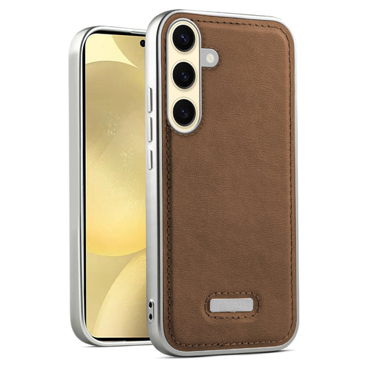 Sophisticated Leather Cover for Samsung S25 5G with Shiny Silver Edges, Stitched Back Design & Hard Shell Protection