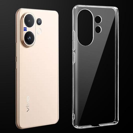 Transparent anti-yellow hard back case fitted on Vivo V60 5G showing full back coverage and camera protection