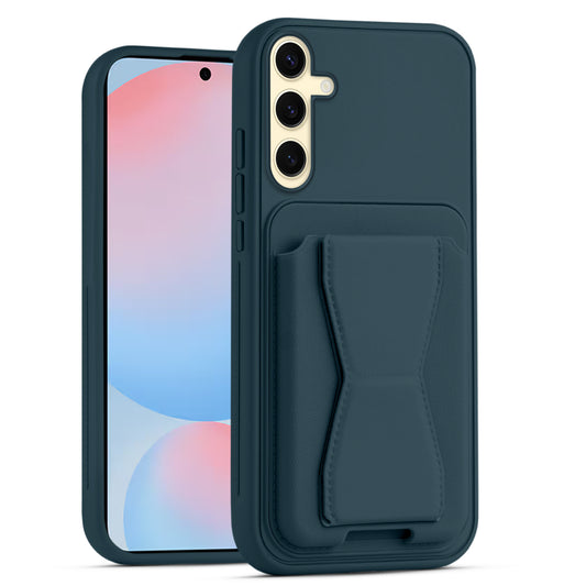 All in One Premium Leather Back Cover for Samsung S24 FE 5G with Card Slot & Foldable Grip Holder