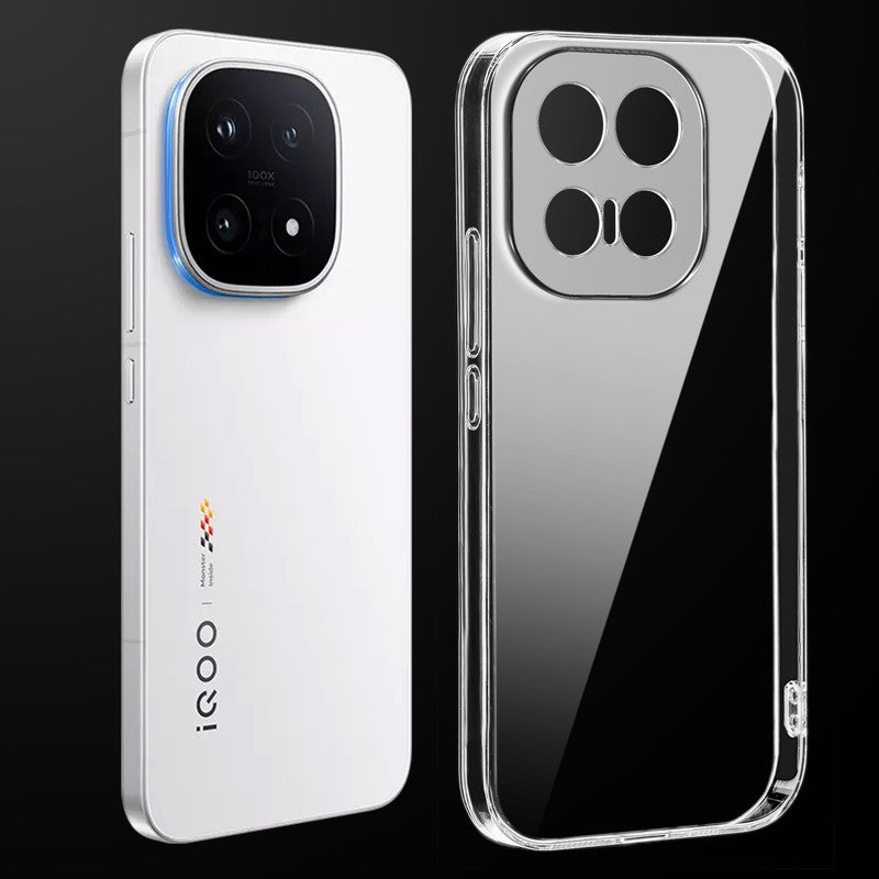 Transparent anti-yellow hard back case fitted on iQOO 15 5G showing full back coverage and camera protection