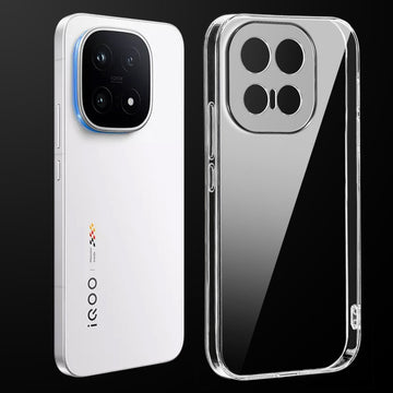 Transparent anti-yellow hard back case fitted on iQOO 15 5G showing full back coverage and camera protection